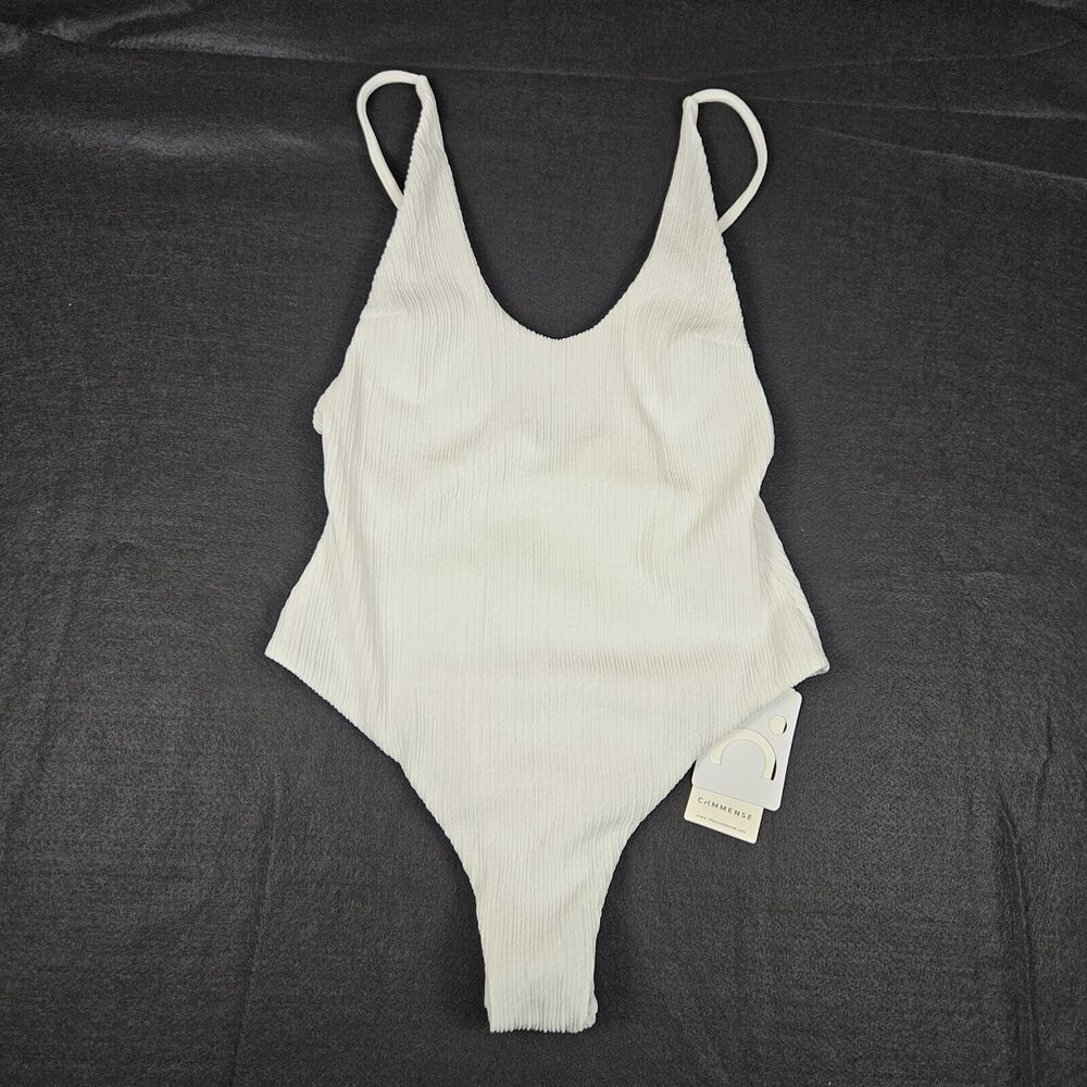 Minimalist White One Piece Swimsuit Womens M Ribbed Resort Cruise Vacation Beach - Picture 15 of 15